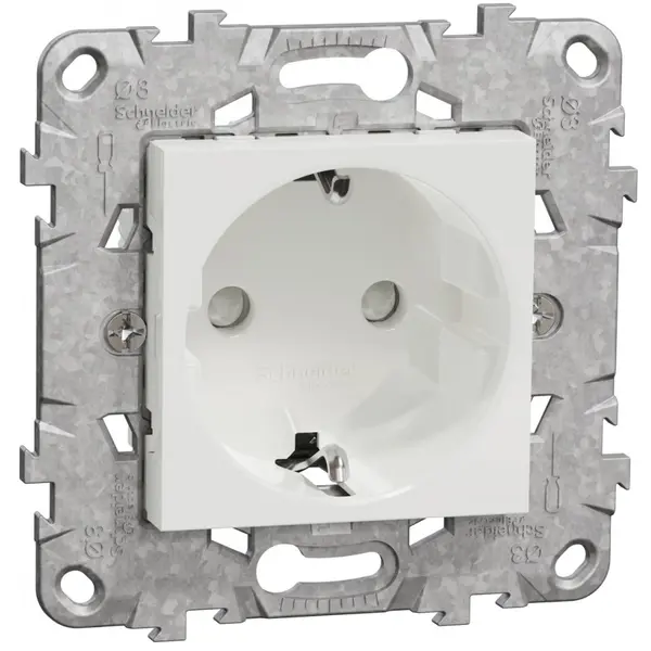 Priza 2P+E 16A, obturatoare, cu suport fixare si gheare Schneider Noua Unica NU503718Z, alb