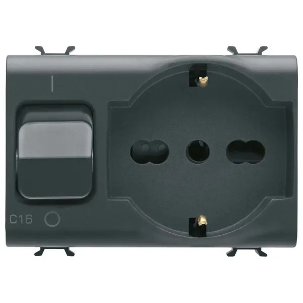 Priza bivalenta cu interblocare + siguranta automata 1P+N 16A Gewiss Chorus GW12312, negru satin