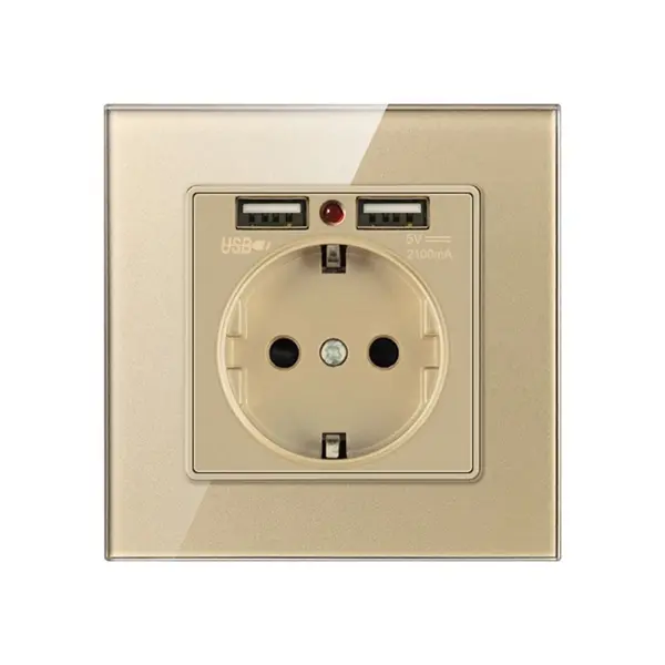 Priza de Perete cu 2 Porturi USB si Rama din Sticla Techstar® TS-GL, 110-250V, 16A, Ignifuga, 86x86mm, Auriu