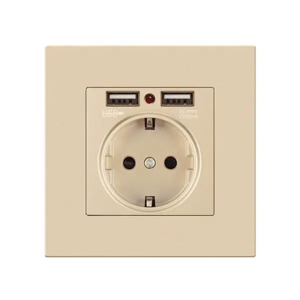 Priza de Perete cu 2 Porturi USB Techstar® TS-PC, 110-250V, 16A, Ignifuga, 86x86mm, Auriu