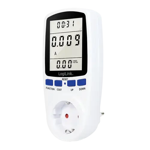 Priza inteligenta Logilink EM0003, Schuko x 1, conectare prin Schuko tata, 16 A, afisaj energie, putere, tarif cost, baterie incorporata, Alb