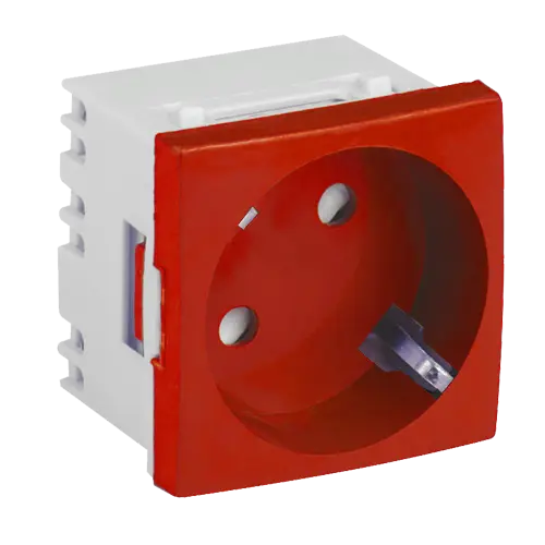 Priză modulară Schuko cu împământare pentru canal de cablu compartimentabil 45×45 mm, 16A/250V, roșu RAL 3020, DLX