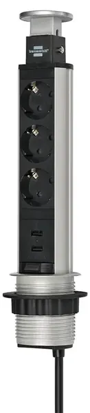 Priză multiplă încorporabilă Brennenstuhl - Tower Power, 3 prize , 2 USB, 2 m, argintiu/negru