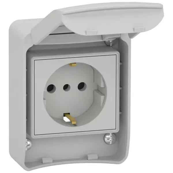 Priza Pratika aplicata cu capac 2P + E, 10/16 A, 250 V IP65 cu montaj in cofret Schneider 81141, gri