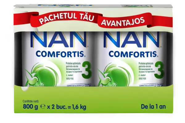 Produs pe baza de lapte praf fortifiat NAN Comfortis 3 de la un an, 2 x 800g, Nestle