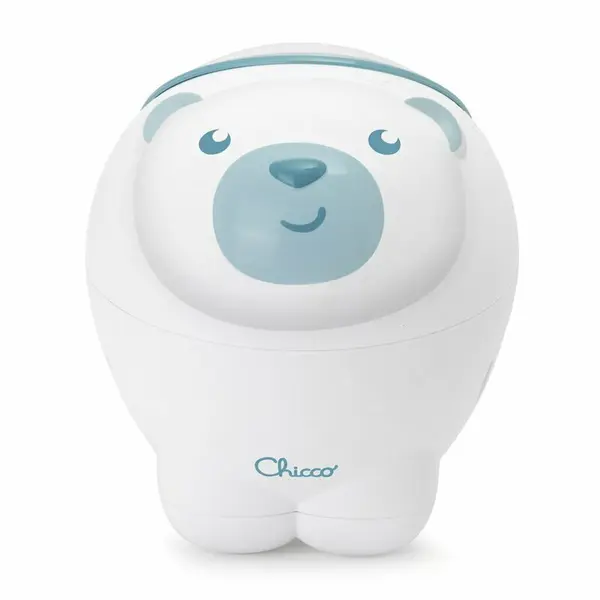 Proiector de pat, Chicco, Urs polar, 2 in 1, Cu muzica si sunete naturale, Functie de activare si dezactivarea proiectie, 2 trepte de volum, 13x13x14.5 cm, Albastru