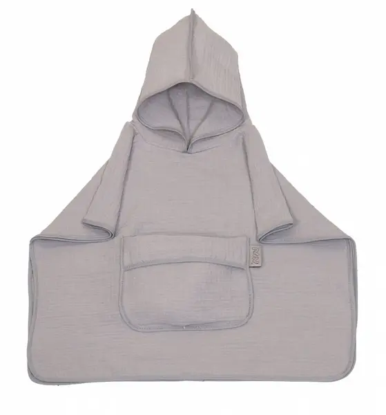 Prosop 60x65 cm din bumbac muselina cu gluga si buzunar pentru bebelusi si copii Amy Poncho gri