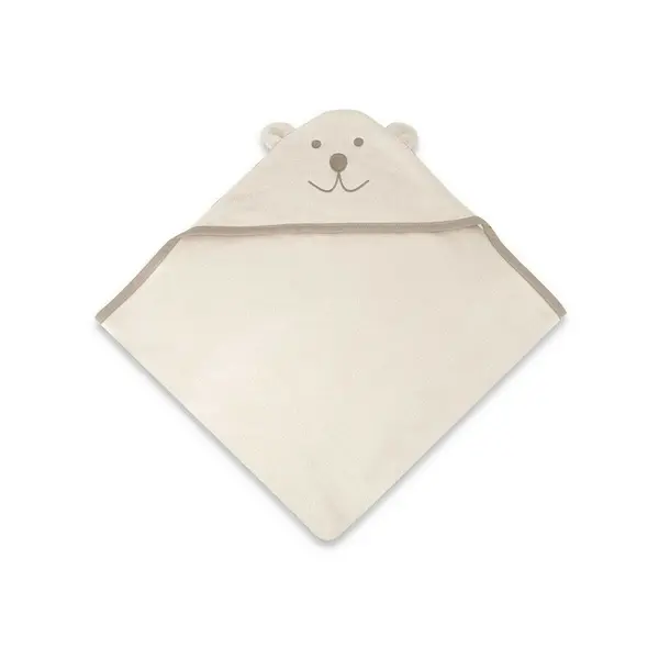 Prosop cu gluga Qmini Teddy Bear Beige, cu broderie si urechi, 100x100 cm, din tricot termo-terry din bambus