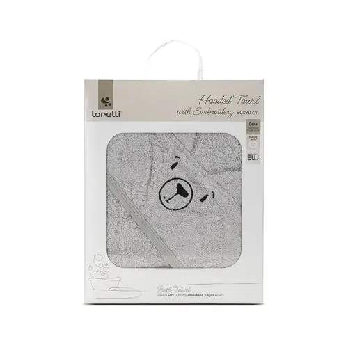 Prosop de baie cu gluga si broderie Lorelli , 90 x 90 cm, 0 luni+, bumbac, Gri