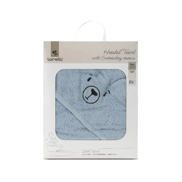 Prosop de baie cu gluga si broderie, Lorelli, 90 x 90 cm, bumbac, Soft Blue