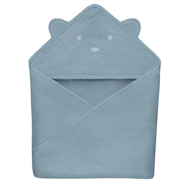 Prosop de baie, Lionelo, Cu gluga, Din muselina, 100% bumbac, 80x80 cm, Absorbtie eficienta, Albastru