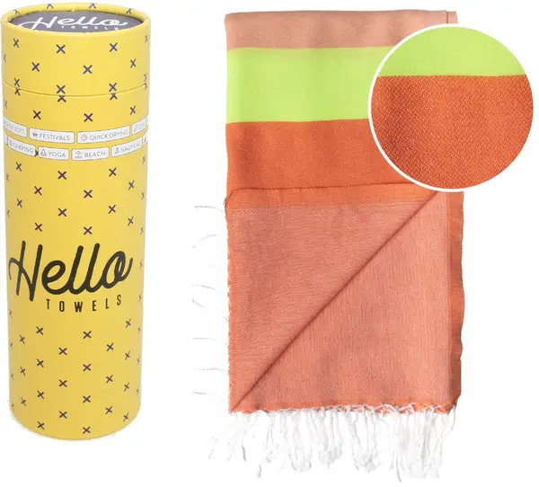 Prosop de plajă în cutie Hello Towels - Neon, 100 x 180 cm, 100% bumbac, portocaliu-verde