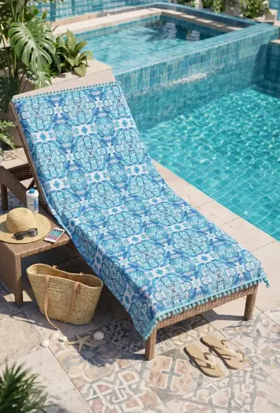 Prosop reversibil de plaja Pink Mosaic cu doua fete si ciucuri decorativi - Copie - Copie