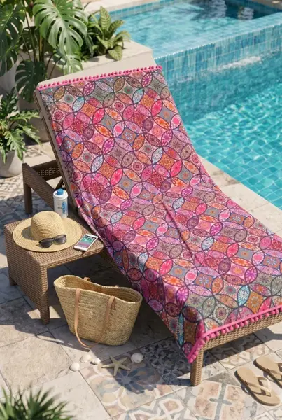 Prosop reversibil de plaja Pink Mosaic cu doua fete si ciucuri decorativi
