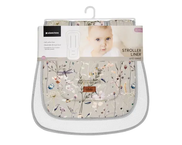 Protectie anti-transpiratie KikkaBoo Dreamy Fields Grey, Model universal pentru carucior,husa din bumbac moale si spate din plasa 3D respirabila, Orificii pentru centura de siguranta,Dimensiune 81x42 cm