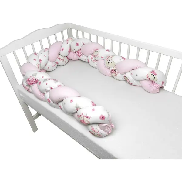 Protectie laterala, MimiNu, Pentru patut bebe, Tip Bumper impletit, Din bumbac, Din materiale certificate Oeko Tex Standard 100, Lungime 220 cm, Pink Ballerina