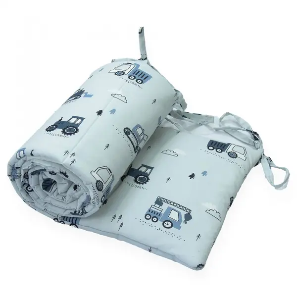Protectie laterala pentru patut copii Kerstin Excavatoare gri 180 x 30 cm, cu doua fete, suprafata din bumbac 100, prindere cu panglici