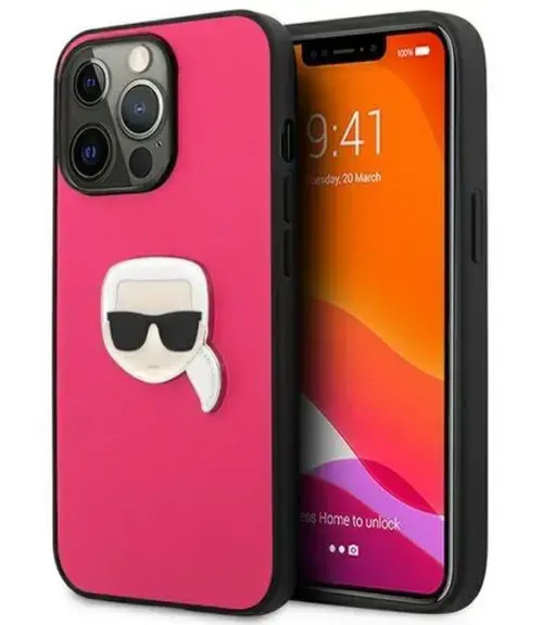 Protectie spate Karl Lagerfeld Leather Ikonik Karl`s Head Metal pentru Apple iPhone 13 Pro (Roz)