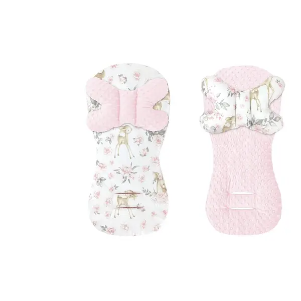 Protectie textila, MimiNu, Pentru carucior, scaun auto si scaun de bicicleta, Cu perna Butterfly, Materiale certificate Oeko Tex Standard 100, Minky Sweet Deer Pink
