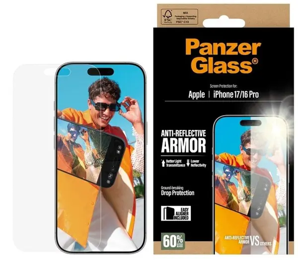 Protector de sticlă PanzerGlass - Anti-Reflective Armor, iPhone 17/16 Pro, transparent