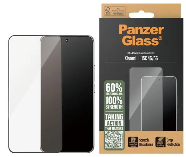 Protector de sticlă PanzerGlass - Ultra Wide Fit, Redmi 15C, transparent