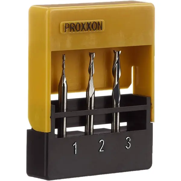 Proxxon Micromot Set 3 freze tungsten, 2 caneluri, Proxxon 27116, 1.0-2.0-3.0mm, ax 3.0mm, Argintiu