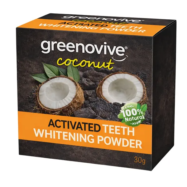 Pudra Organica, GREENOVIVE®, cu efect de Albire a Dintilor, cu Carbune Activ si Cocos, 100% Natural si Organic, aroma Usoara Menta, 30gr