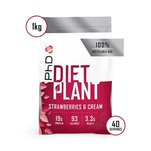 Pudra proteica Diet Plant cu aroma de capsuni si frisca, 1kg, PhD