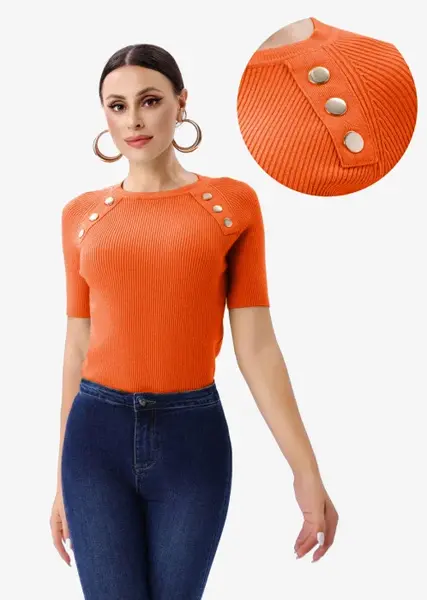 Pulover cu maneca scurta si nasturi metalici decorativi, portocaliu