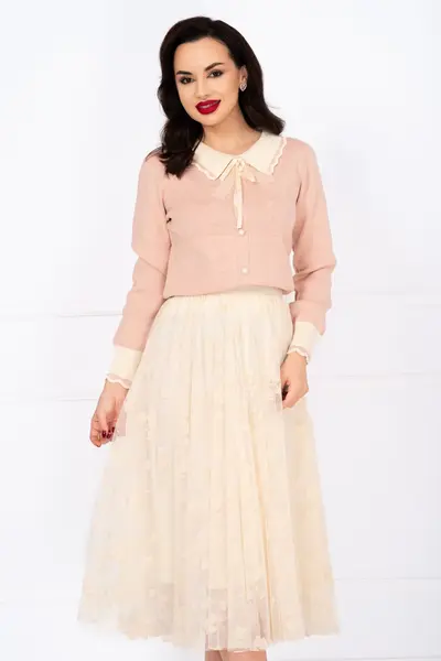 Pulover din tricot fin roz Lotus cu inimioare in relief