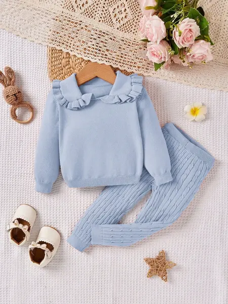 Pulover și pantaloni din tricot pentru fetiță - albastru / 6-9luni(68-74CM)