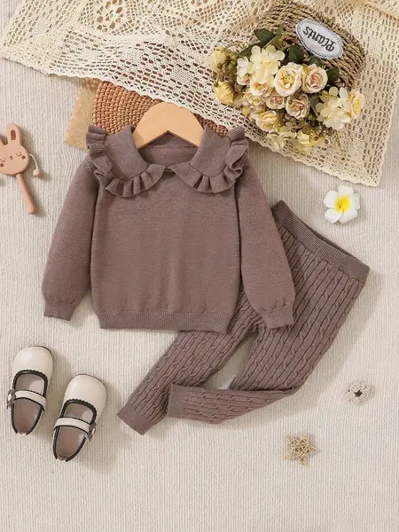 Pulover și pantaloni din tricot pentru fetiță - cafea / 18-24luni(86-92CM)