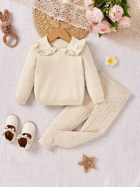 Pulover și pantaloni din tricot pentru fetiță - crem / 9-12luni(74-80CM)