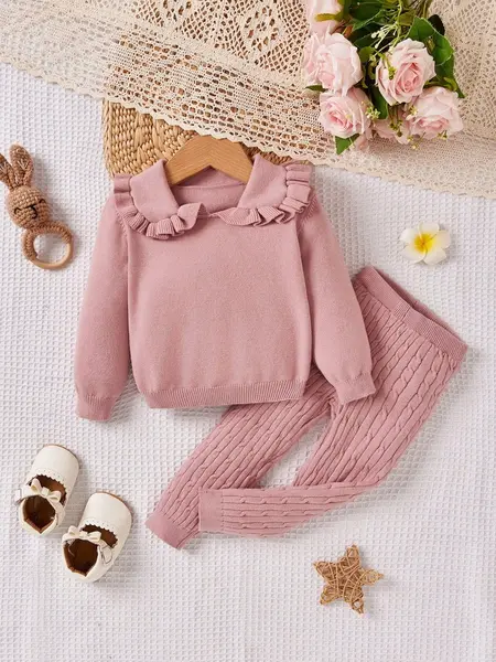 Pulover și pantaloni din tricot pentru fetiță - roz-2 / 9-12luni(74-80CM)