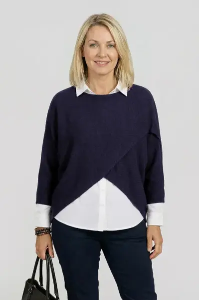 Pulover tip poncho petrecut asimetric, bleumarin