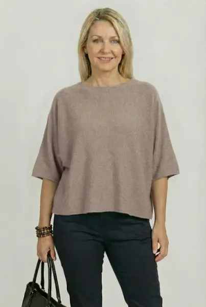 Pulover versatil cu maneca fluture din vascoza, bej inchis