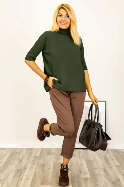 Pulover versatil cu maneci scurte ribbed si guler inalt, din vascoza, kaki