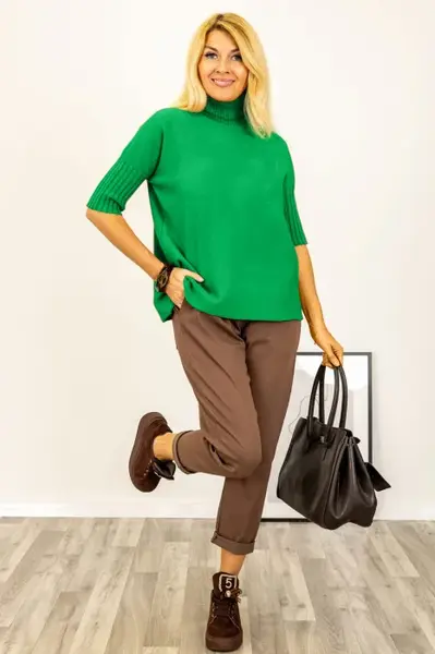 Pulover versatil cu maneci scurte ribbed si guler inalt, din vascoza, verde