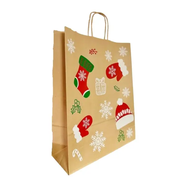Punga din Hartie cu Manere, Natur, Model Craciun, 20 x 9 x 25 cm, 100 Bucati