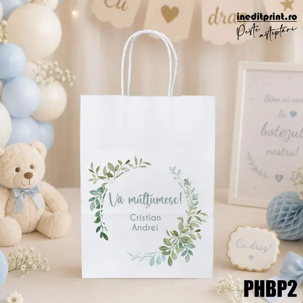Punga din hartie pentru botez personalizata PHBP2 16x22x8 cm