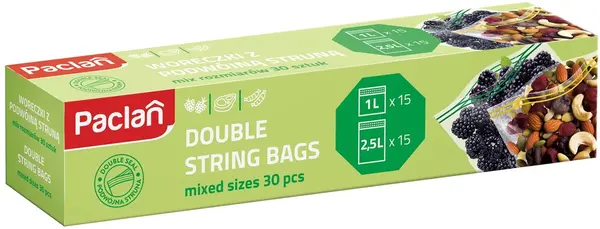 Pungi cu fermoar de uz casnic Paclan - Double String, 15 buc. x 1 l+15 buc. x 2.5 l