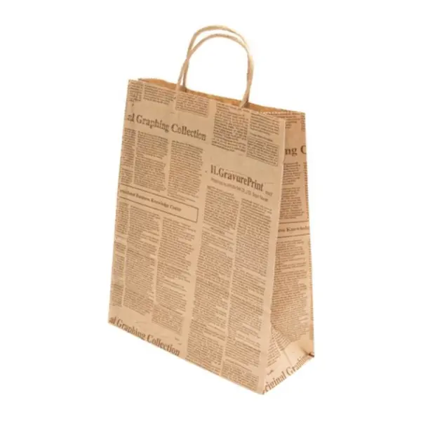Pungi din Hartie cu Maner Sfoara, Model Ziar, 25 x 10 x 30 cm, 100 Bucati