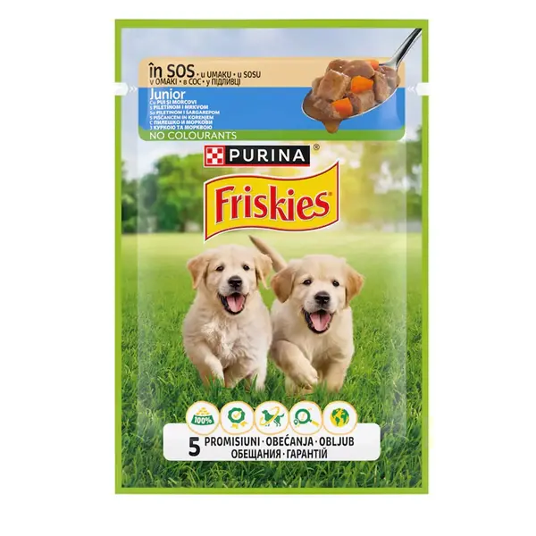 PURINA Friskies Junior, Pui cu Morcov, plic hrană umedă câini, (în sos), 85g