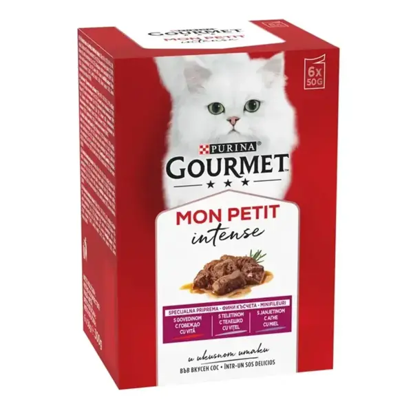 PURINA Gourmet Mon Petit, 3 arome (Vită, Vițel, Miel), pachet mixt, plic hrană umedă pisici, (în sos), 50g x 6