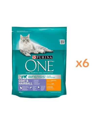 PURINA ONE Coat & Hairball 6x800 g hrană pisici adulte, cu pui și cereale integrale, pentru blană și ghemotoace de păr