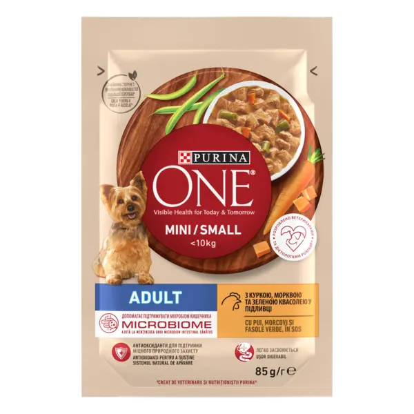 PURINA ONE MINI Adult, pui, morcovi si fasole verde, in sos, 85 g