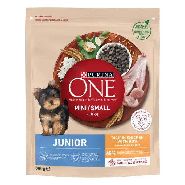 PURINA ONE MINI Dog Junior, Pui si Orez, hrana uscata pentru caini, 800 g
