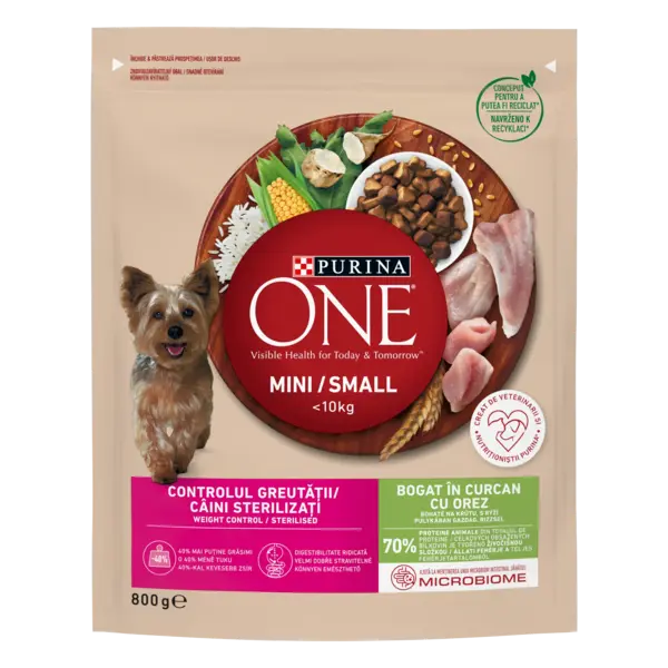 PURINA ONE MINI Weight Control, Curcan si Orez, hrana uscata pentru caini, 800 g