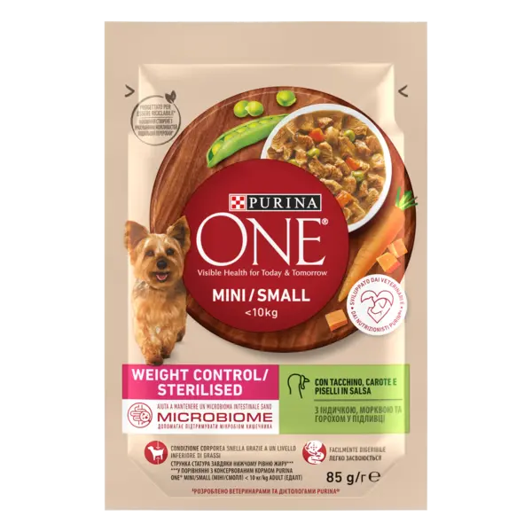 PURINA ONE MINI Weight Control/ Sterilised, curcan, morcovi si mazare, in sos, 85 g