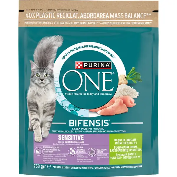 PURINA One Sensitive, Curcan și Orez, hrană uscată pisici, sistem digestiv, 750g